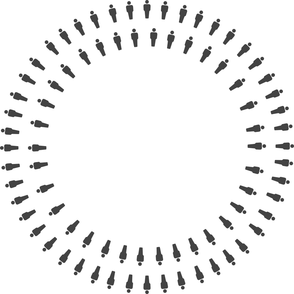 Two concentric circles of black animated stick figures